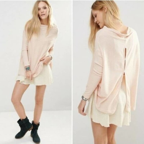 Free People Top XS Light Pink Ribbed Cowl Neck Split Back Long Sleeve Pullover - Picture 1 of 13